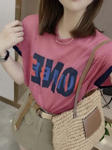 KM19000#夏季新款韩版时尚百搭字母减龄针织短袖上衣
