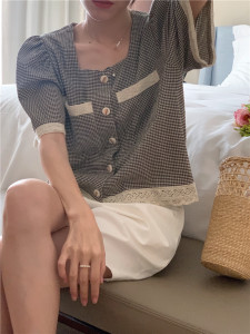 PS46306# 韩版小香风柔软格纹短袖外套式衬衫 服装批发女装直播货源