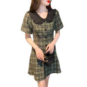 KM18801#新款绿色格子连衣裙夏短袖收腰初恋系别致小众设计学院风