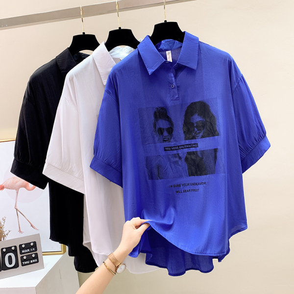 KM18774#韩版美式复古印花衬衣女夏季宽松设计感小众防晒外穿上衣