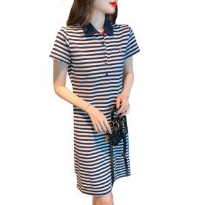 KM18802#夏季短袖休闲运动女修身中长款条纹POLO领连衣裙翻领A字T恤裙
