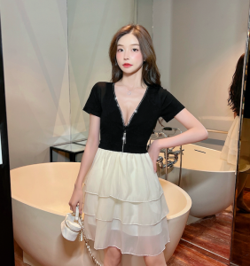 V-Neck Cake Skirt Slim Korean French Sweetness Premium Dress