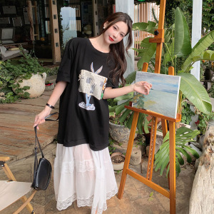 KM18681#夏季新款韩版复古报纸兔子印花T拼接蕾丝荷叶摆短袖长裙