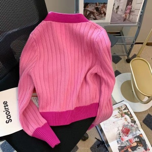 KM29611#小香风粉色针织开衫春装2022年新款女外套设计感小众短款v领上衣