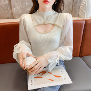 PS48808# 新款韩版时髦气质小性感重工钉钻缕空镂空泡泡袖针织衫 服装批发女装直播货源