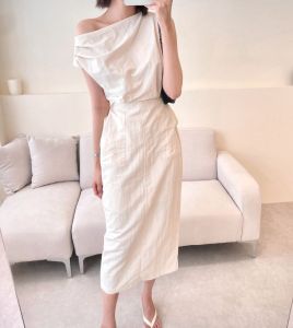 PS50752# 夏季法式设计款斜肩连衣裙女中长款开叉系带休闲裙