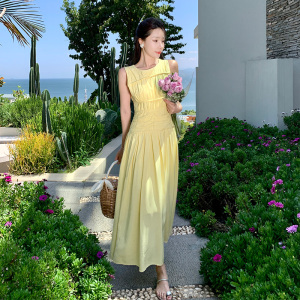PS45415# 黄色连衣裙气质名媛设计感小众新款修身显瘦无袖裙子女 服装批发女装直播货源