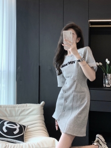 KM19125#灰色韩版短袖连衣裙女夏季2022小个子时尚不规则设计修身显瘦裙子