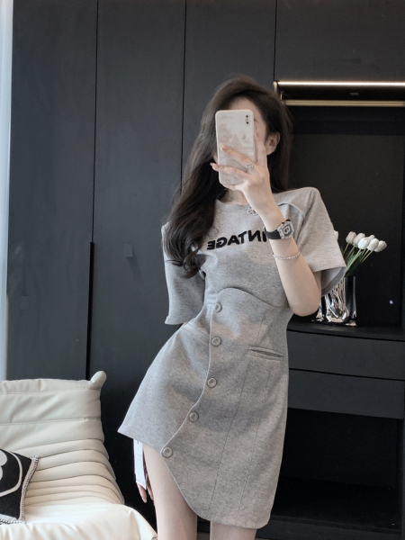 KM19125#灰色韩版短袖连衣裙女夏季2022小个子时尚不规则设计修身显...
