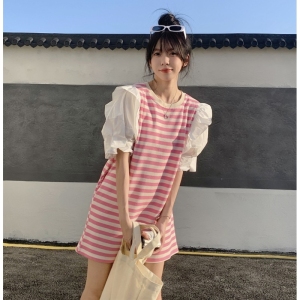 KM19043#韩版荷叶边拼接小个子条纹连衣裙女夏季2022新款设计感宽松裙子