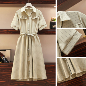 KM18957#大码女装2022夏季新款法式收腰显瘦气质桔梗森系衬衫裙