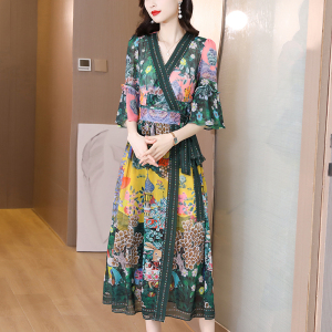RM10438#夏装装新款韩版一片式春夏连衣裙真丝中长款中袖潮