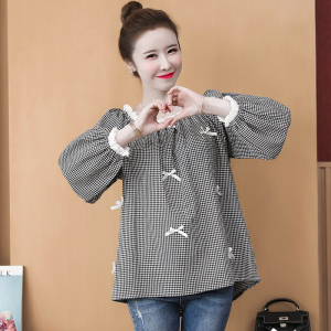 PS55447# 秋装新款韩版泡泡袖圆领格子衬衫可穿一字肩甜美上衣  服装批发女装直播货源