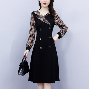 RM19853#胖mm大码2023早秋新款韩版修身西装领格子拼接显瘦洋气连衣裙