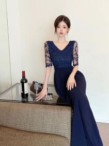 RM21450#新款晚礼服拼接优雅显瘦中袖气质连衣裙