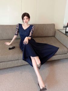 RM21450#新款晚礼服拼接优雅显瘦中袖气质连衣裙
