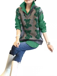 TR53371# 绿色针织马甲长袖衬衫两件套装女时尚洋气秋装新款欧洲站潮 服装批发女装批发服饰货源