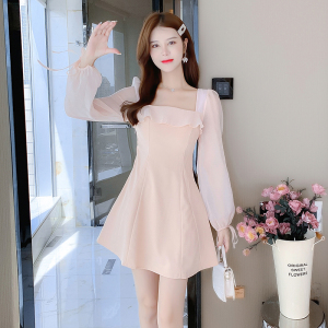 KM30113#法式气质温柔风方领粉色连衣裙女秋高级感小众设计小个子收腰裙子