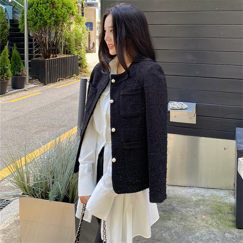 Pearl button small fragrant round neck cardigan jacket for women  spring Korean style petite tweed temperament top
