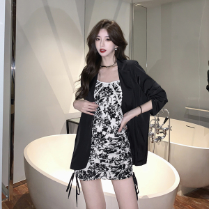 PS68268# 韩版辣妹套装裙性感网纱吊带+黑色西装两件套 服装批发女装直播货源