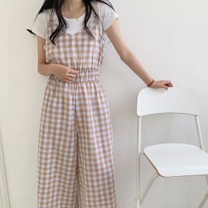 PS46047# 韩国chic夏季新款时尚格子V领收腰吊带连体裤3色 服装批发女装直播货源
