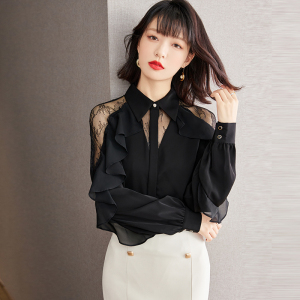PS46984# 设计感衬衫纯色新款蕾丝衫宽松衬衣时尚优雅黑色上衣女