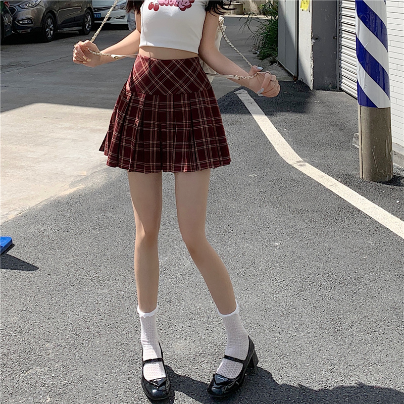 實拍實價 高腰格紋裙a字裙格子裙顯瘦百褶裙春夏jk短裙半身裙女
