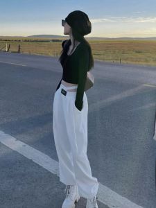 PS61180# 秋季新款女装套装修身显瘦短款T恤+漏腰宽松束脚运动休闲裤两件套