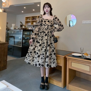 RM61#植绒泡泡袖连衣裙赫本风法式高级感设计感长裙M-4XL200斤