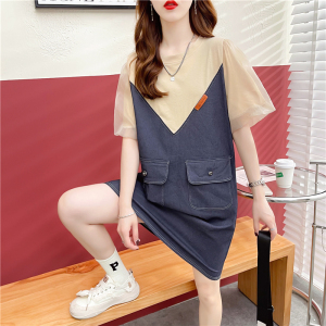PS49684# 夏季新款韩版宽松减龄休闲假两件拼接设计感短袖T恤女连衣裙 服装批发女装直播货源