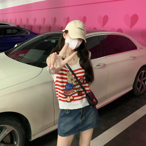 PS52439# 韩系减龄条纹无袖针织衫夏季薄款设计感洋气宽松上衣潮 服装批发女装直播货源