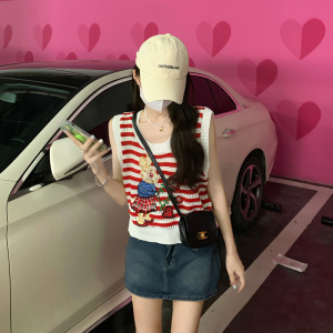 PS52439# 韩系减龄条纹无袖针织衫夏季薄款设计感洋气宽松上衣潮 服装批发女装直播货源