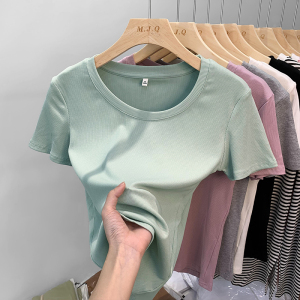 KM20175#香芋紫螺纹短袖t恤女夏装新款修身显瘦圆领小衫针织打底上衣