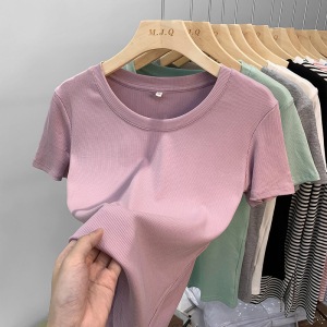 KM20175#香芋紫螺纹短袖t恤女夏装新款修身显瘦圆领小衫针织打底上衣