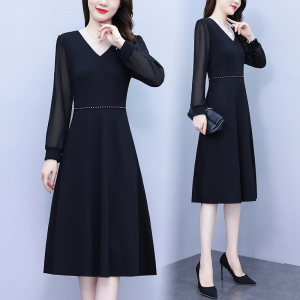 KM30377#大码女连衣裙 时尚长袖气质洋气黑色中长款遮肚显瘦A字裙