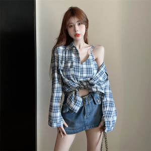 KM20592#韩版小性感短款吊带+宽松格纹衬衣两件套