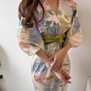 PS46531# 韩国chic秋季新款法式收腰印花气质连衣裙长袖V领裙女 服装批发女装直播货源