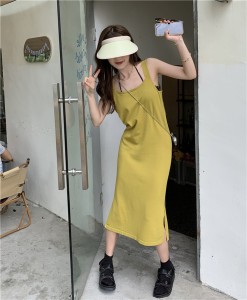 PS47203# 夏季韩式宽松方领针织吊带连衣裙女开叉裙子 服装批发女装直播货源