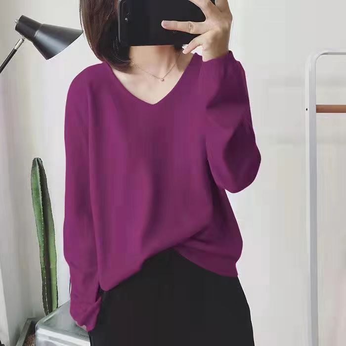 Multicolor basic loose thin V-neck solid color sweater women's soft waxy comfortable long sleeve bottoming shirt versatile top
