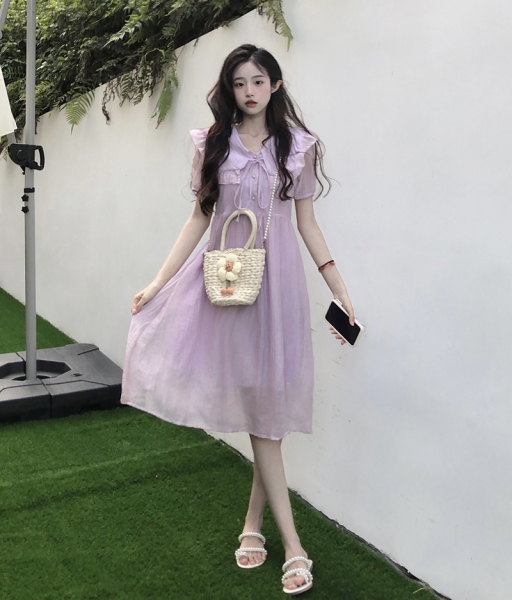 KM21026#韩系显瘦气质紫色连衣裙茶歇法式别致娃娃裙奶甜初恋裙