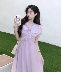 KM21026#韩系显瘦气质紫色连衣裙茶歇法式别致娃娃裙奶甜初恋裙