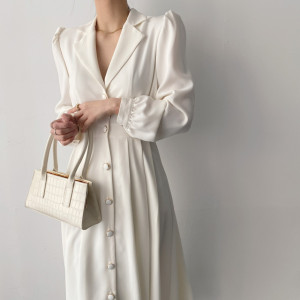 KM22999#韩版chic 新款法式复古翻领单排扣收腰显瘦纯色衬衫式长款连衣裙