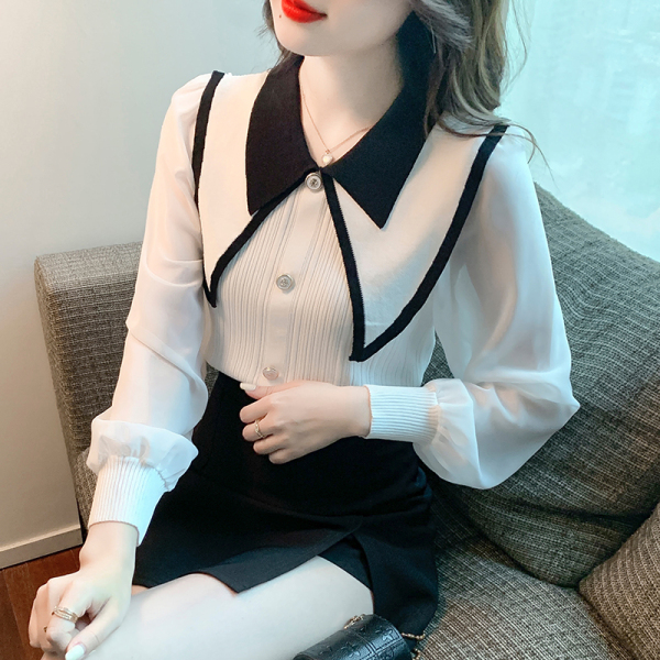 RM289#蕾丝袖针织拼接长袖娃娃领新款设计感小众长袖上衣