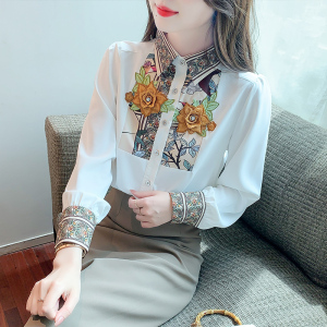 PS46652# 秋款韩版长袖重工花朵雪纺印花衬衣女 服装批发女装直播货源