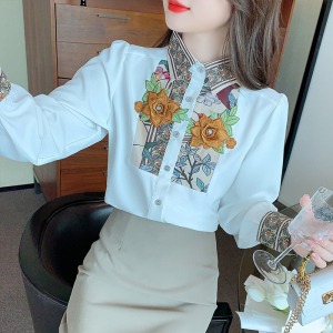 KM20523#秋款韩版长袖重工花朵雪纺印花衬衣女