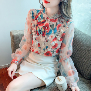 KM20527#秋装新款韩版长袖荷叶边花朵雪纺衬衣女