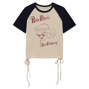 KM19687#美式印花T恤女设计感撞色拼接抽绳短袖上衣