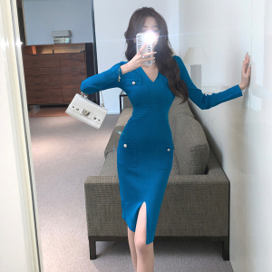 KM22292#新款韩版气质v领针织包臀打底连衣裙修身显瘦女