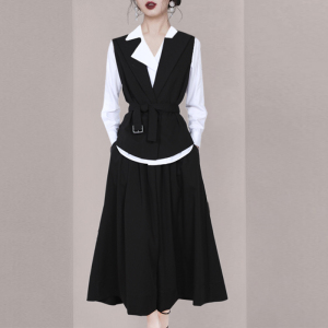KM20901#高级感名媛职业套装2022年秋季新款黑白撞色洋气半身裙三件套