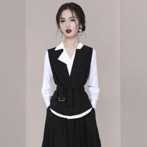 KM20901#高级感名媛职业套装2022年秋季新款黑白撞色洋气半身裙三件套